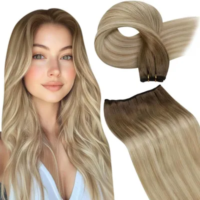 Produktbild von Haartressen Echthaar Extensions Balayage Braun Ombre Hellbraun Aschblond Platinblond 40cm 100g