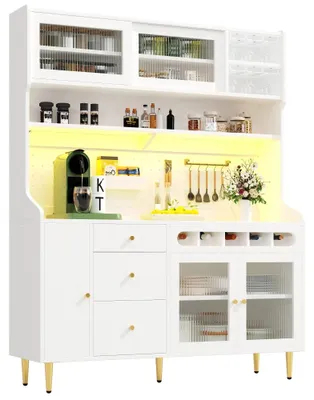 Image de Armoire de cuisine - Armoire moderne pour salon - 145 × 39 × 171 cm - Étagères réglables - Éclairage LED - Tiroir - Range-bouteilles à vin - Blanc