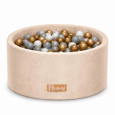 Produktbild von Flumi Bällebad Baby - Bällepool Kinder 90x40cm mit 200 Bällebad Bälle ∅ 7cm in EU hergestellt - Beige+ Goldene Bälle