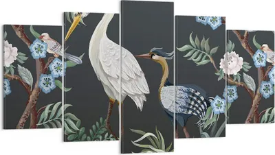Produktbild von Bild auf Leinwand - Leinwandbild - 5 Teile - Asiatisch Reiher Blumen - 160x85cm - Wand Bild - Wanddeko - Wandbilder - Leinwanddruck - Bilder - Wanddekoration - Leinwand bilder - EA160x85-4699