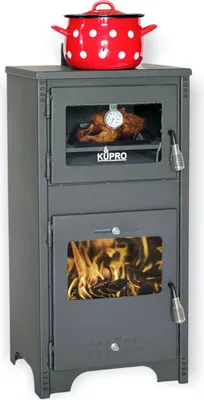 A wood-burning stove with an oven and a pot on top.