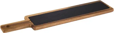 Produktbild von APS 813 Servierbrett FUSIONA, Akazienholz lackiert, Naturschiefer, mit Hängeloch Ø 2 cm, Griff 12 cm, 43 x 12 cm, Höhe 2 cm