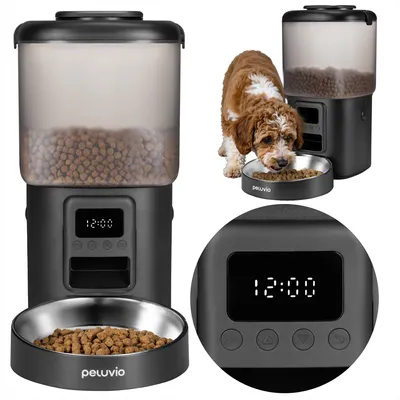 Immagine prodotto di Distributore automatico di cibo per cani Peluvio Crispy 4,5 l – Distributore automatico con timer, LCD, ciotola in acciaio inossidabile, funzionamento a batteria - Nero
