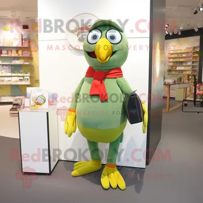 Produktbild von Maskottchen REDBROKOLY Kostümfigur Oliver Papagei bekleidet mit einer Hose und einer Geldbörse