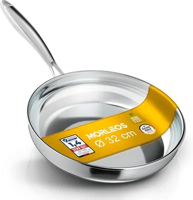 Imagen del producto de Sartén de acero inoxidable de 32 cm, apta para inducción, sin revestimiento. Sartén de acero inoxidable con borde alto, sin recubrimiento, apta para todo tipo de cocinas y apta para horno hasta 400 °C