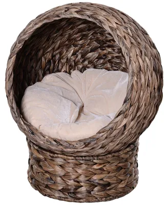 Produktbild von Katzenkorb aus Wasserhyazinthe mit Kissen, Katzen- oder Haustierbett, 50 cm x 42 cm x 60 cm, braun und beige