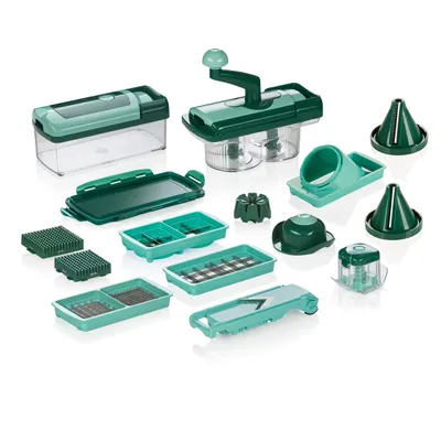 A collection of kitchen tools for cutting and slicing vegetables, arranged on a white background.