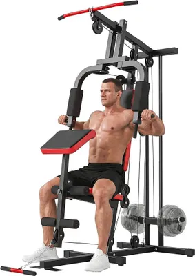 Produktbild von Kraftstation Fitnessstation mit Latzug, Butterflystange, verstellbar Preacher Bank, Beintrainer, Multifunktion Homegym Multistation bis 120kg Fitnessgerät für Zuhause Schwarz+Rot