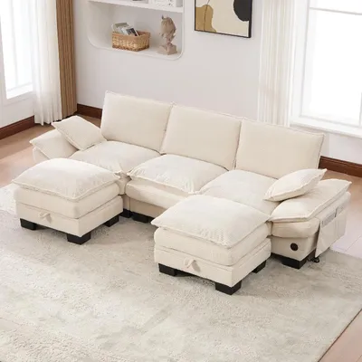 Productafbeelding van Modulaire 3-zits corduroybank van 260x132x84 cm, met 2 voetenbankjes, een USB-C-aansluiting en zijvakken, beige bank voor woonkamer, kantoor of lounge
