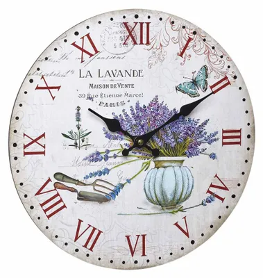 A vintage-style analog wall clock with a lavender theme.