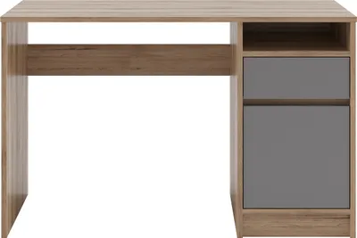A studio shot of a desk against a white background.