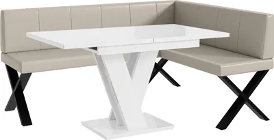 Produktbild von MEBLINI Eckbank für Esszimmer mit ausziehbarem Tisch - Küchenbank - Essecke - Sitzecke Küche - PETER - X-Beine 128x168x87cm Rechts - Beige Kunstleder/M Weiß Hochgl.