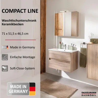 Produktbild von FACKELMANN COMPACT LINE Waschbecken mit Unterschrank 71 cm, Braun, Keramik Weiß, 2 Schubladen, Modernes Design für jedes Badezimmer
