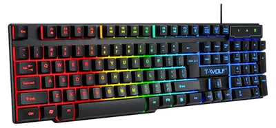 Zdjęcie produktu dla T-WOLF TF800 Czteroczęściowy zestaw do gier 104 klawisze Klawiatura 4-kolorowa Mysz z podświetleniem 3,5 mm Zestaw słuchawkowy do gier Antypoślizgowa podkładka pod mysz