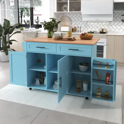 Produktbild von Merax Küchenwagen mit erweiterbarer Arbeitsplatte, Kücheninsel mit 5 Rollen, Servierwagen Küchenschrank Küchentrolley, 129x46(71)x91,5 cm, Blau