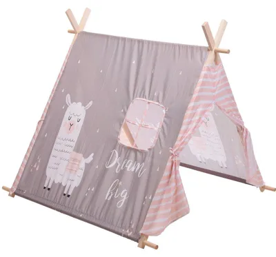 Produktbild von ECD Germany Spielzelt für Kinder mit Fenster, 117x108x105 cm, Lama Motiv Warm-Grau, aus Polyester, Zelt mit 2 Türen und Tragetasche, Kinderzelt zelt Spielhaus