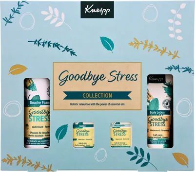 Produktbild von Kneipp Geschenkset Goodbye Stress Wasserminze Rosmarin Duschschaum Bodylotion Badeöl Massageöl
