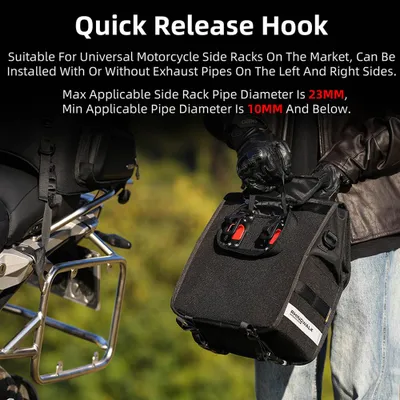 Imagen del producto de Bolsa para moto Rhinowalk, tipo alforja, con sistema de liberación rápida, de gran capacidad, para almacenamiento lateral, con panel de soporte y bolsa interior impermeable extraíble de 13 litros