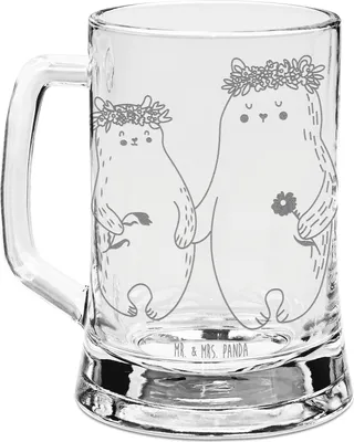 Produktbild von Mr. & Mrs. Panda Krug Bären mit Blumenkranz - Transparent - Geschenk, Bär, Mutter, Humpen, Family, Seidel, Glas Bierkrug, Gravur, Tochter, Familie, Mama, Opa, Glaskrug