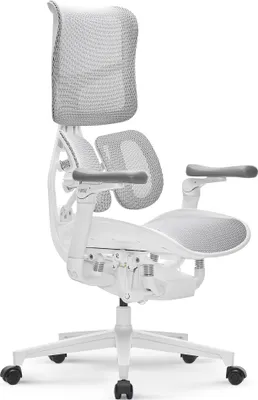 A white ergonomic office chair shown from a side angle against a white background.