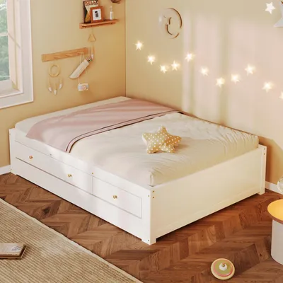 Obrázok produktu pre Postel s úložným priestorom 90x200 cm s 3 zásuvkami a výsuvnou prístelkou 90x190 cm, vyrobená z MDF a boroviny, nosnosť do 150 kg, biela