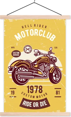 Produktbild von MuchoWow® Textilposter Motorrad - Vintage - Zeichnung - Zitat 120x180 cm mit holzfarbenen Rahmen - Textil-Plakat