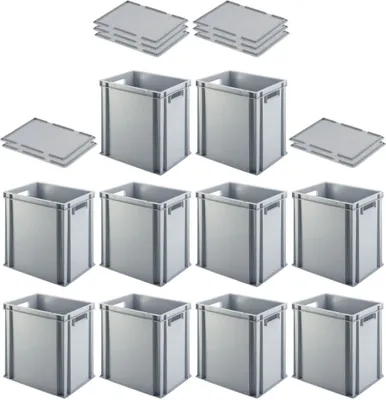 Produktbild von SuperSparSet 10x Eurobehälter mit offenem Griff & Auflagedeckel | HxBxT 40x30x40cm | 37 Liter | Grau | Eurobox, Transportbox, Transportbehälter, Stapelbehälter