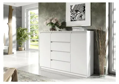 Produktbild von Kommode in Weiß Matt mit 4 Schubladen und 2 Türen - 138,6 x 101,5 x 39 cm - Sideboard für Wohnzimmer und Schlafzimmer