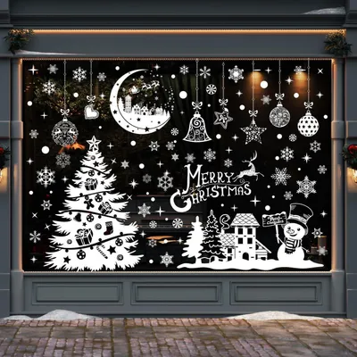 Immagine prodotto di Adesivi per finestre natalizi, 202 pezzi, bianchi, con motivi di pupazzo di neve, Babbo Natale e fiocchi di neve