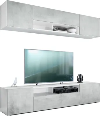 Produktbild von Vladon Wohnwand Mogan, Weiß matt/Beton Oxid Optik - Moderne Anbauwand bestehend aus 2 TV-Boards (181 x 147 x 35 cm)