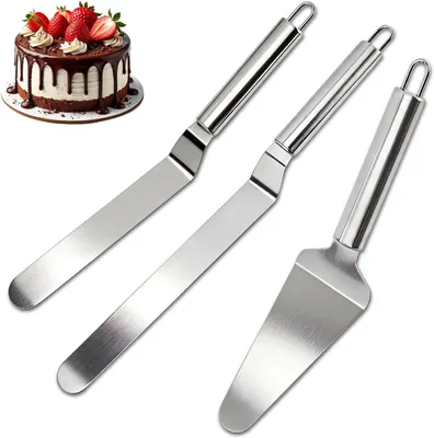 Produktbild von 3 Stück Küchenspachtel Set Edelstahl – Winkelpalette 8 & 10 Zoll, Tortenschaber & Tortenheber – Tortenspachtel Set für Kuchen, Backzubehör, Tortenmess