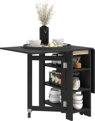 Produktbild von Klappbarer Küchentisch - Esstisch - Klappflügel - 2 Rollen - Ablagen - Modernes Design - 120×60×75 cm - Schwarz