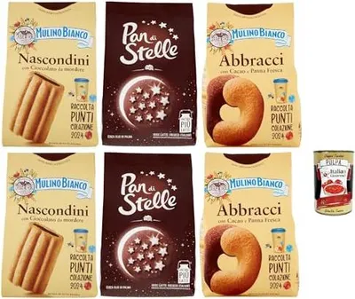 Produktbild von Mulino Bianco Testpaket Pan di stelle - Abbracci - Nascondini Shortbread Kekse mit Schokolade zum Anbeißen biscuits cookies, 2x 330 g - 4x 350g + Italian gourmet polpa 400g