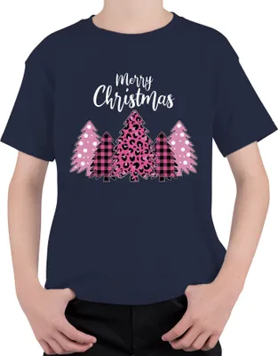 Produktbild von Merry Christmas Weihnachtsbaum Kariert Pink - Weihnachten Weihnachtsgeschenk Christmas Uni Kinder T-Shirt, Navy, 140