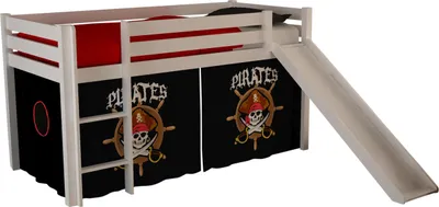 Produktbild von Vipack Spielbett Pino mit Rutsche und Textilset "Pirates" - Kiefer massiv weiß lackiert, Maße: 210 cm x 114 cm x 218 cm; PICOHSGB1477