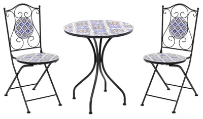 Produktbild von BELIANI Bistro Set Weiß / Blau Metall Keramik Mosaik Muster Klappbare Stühle und Tisch Pulverbeschichtet Garten Terrasse Balkon