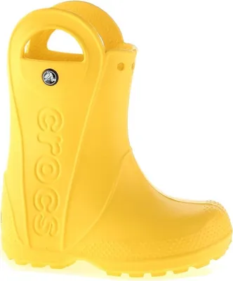 A single yellow Crocs rain boot shown against a white background.