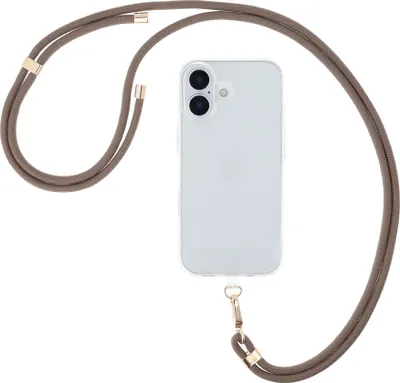 A clear, studio shot of a phone case with a lanyard attached, against a white background.