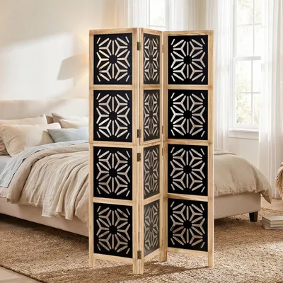 Produktbild von Homestyle4u Paravent Raumteiler 3 teilig Holz Trennwand Indoor spanische Wand Sichtschutz Natur Schwarz Indoor