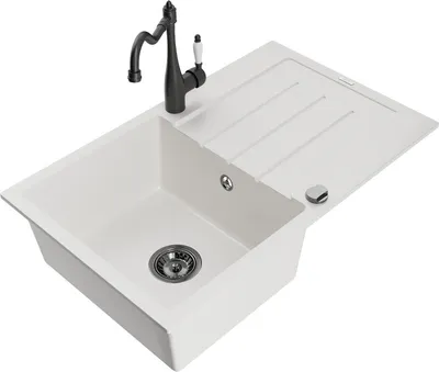 Produktbild von Mexen Bruno 1 Becken-Granitspüle mit Abtropffläche und Mischbatterie Carla, Weiß - 6513-20-670700-70