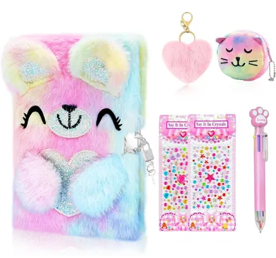 Productafbeelding van Dagboek voor meisjes, met slot, pluche omslag, A5 formaat, 160 gelinieerde pagina's, set met portemonnee, pen en stickers