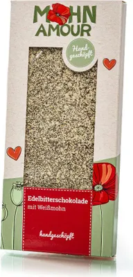 Produktbild von Edelbitterschokolade mit Weißmohn 100g - Handgeschöpft und mit Weißmohn verfeinert von Mohn Amour