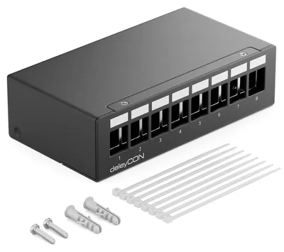 Produktbild von deleyCON 8 Port Patchpanel Gehäuse 1 HE 14,9x17mm Keystone - Schwarz – Größe 8 Port Gehäuse