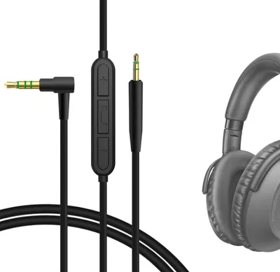 A close-up view of a black audio cable with a 2.5mm L-shaped connector and a 3.5mm straight connector, along with a section of a gray headphone.