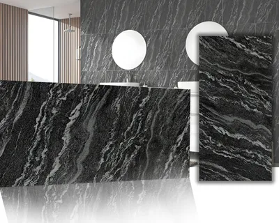 Immagine prodotto di 0,72m² Pannelli murali in PVC effetto marmo | bagno e cucina | alternativa a piastrelle e marmo | MPVC Black 02 | 120x60cm | piastrelle per bagno e cucina