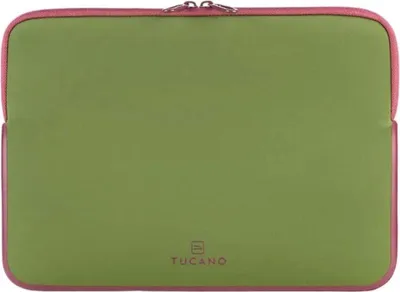 A green laptop sleeve with pink trim and a zipper closure, shown flat against a white background. The Tucano logo is visible at the bottom center.