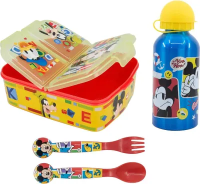 Produktbild von Disney Mickey Maus 4 teiliges Lunch Set Brotdose Alu-Trinkflasche - Löffel Gabel