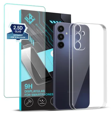 Produktbild von Handyhülle für Samsung Galaxy A15 / A15 5G mit 9H Displayglas Displayschutz Hülle Transparent Flexibel Elastisch Case Cover Backcover Schutzhülle