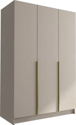 A three-door wardrobe with gold handles against a light gray background.