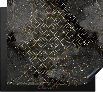 Produktbild von KitchenYeah© Herdabdeckplatte Marmor - Schwarz - Gold - Geometrie , 58x51cm, Küche Deko, Glaskeramikkochfeld Herdabdeckung, Abdeckplatte fùr Kochfeld